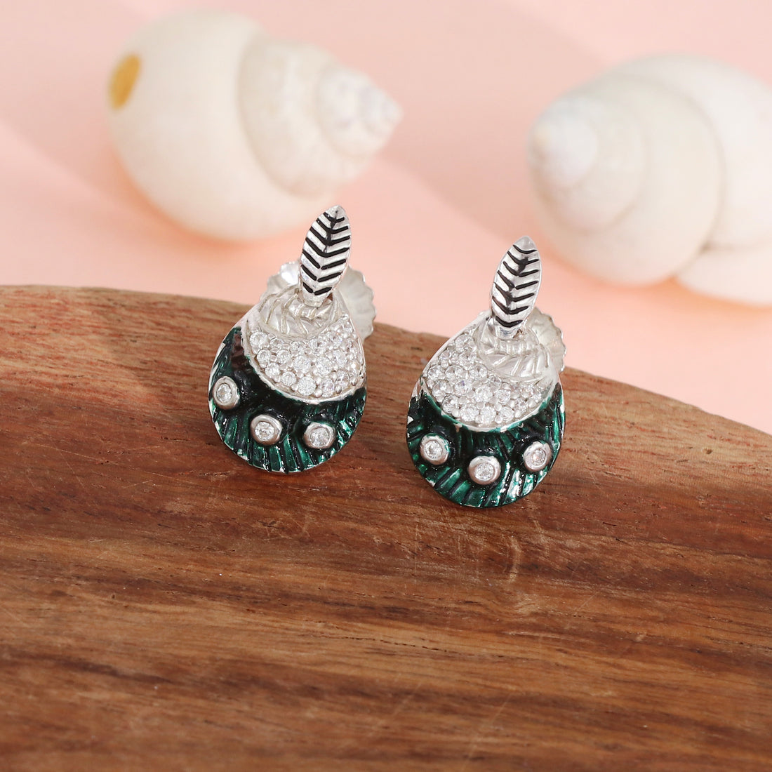 Silver Emerald Plume Studs
