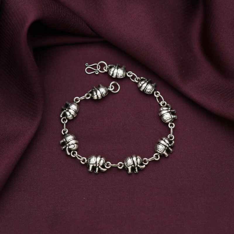 Silver Oxidised Elephant Bracelet
