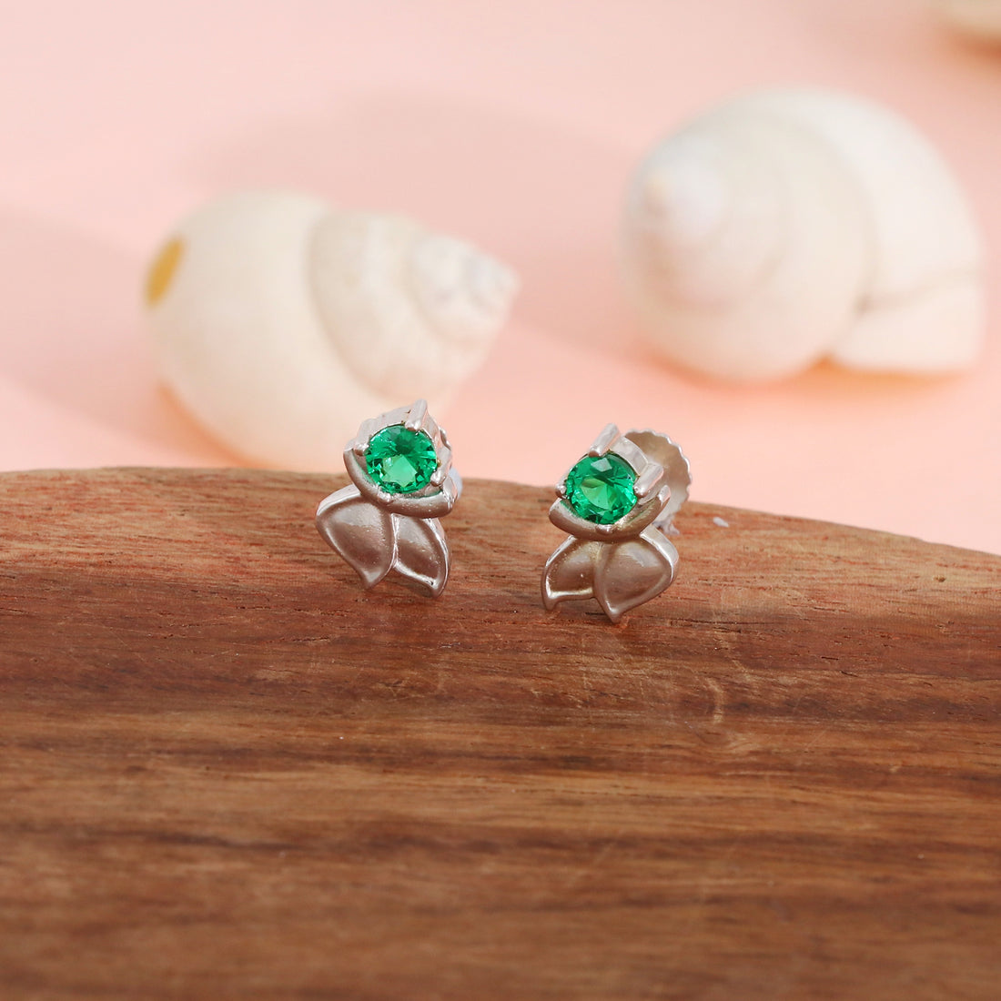 Silver Emerald Blossom Studs
