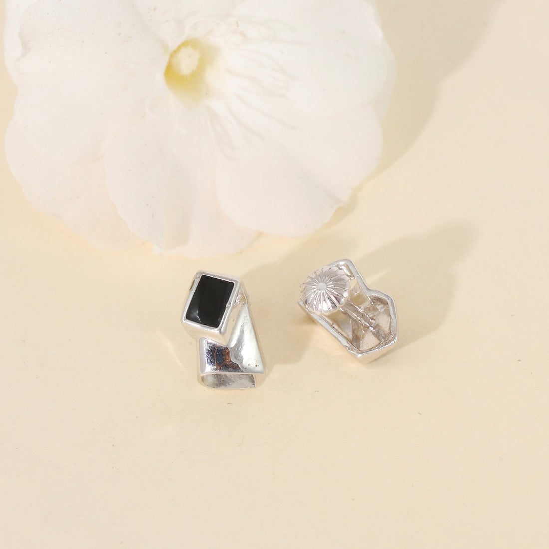 Silver Geometric Black Onyx Stud Earrings