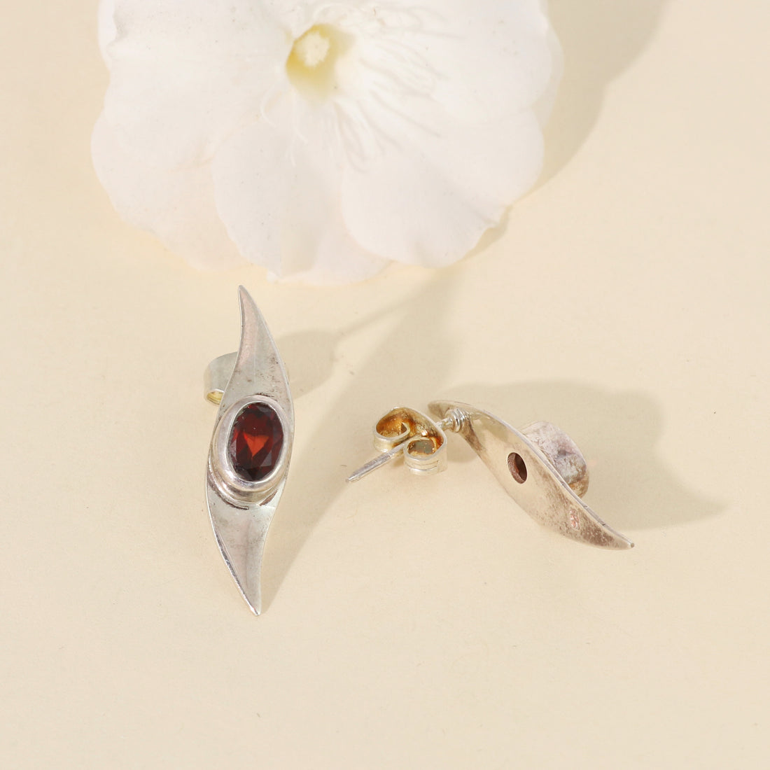 Garnet Marquise Silver Stud Earrings