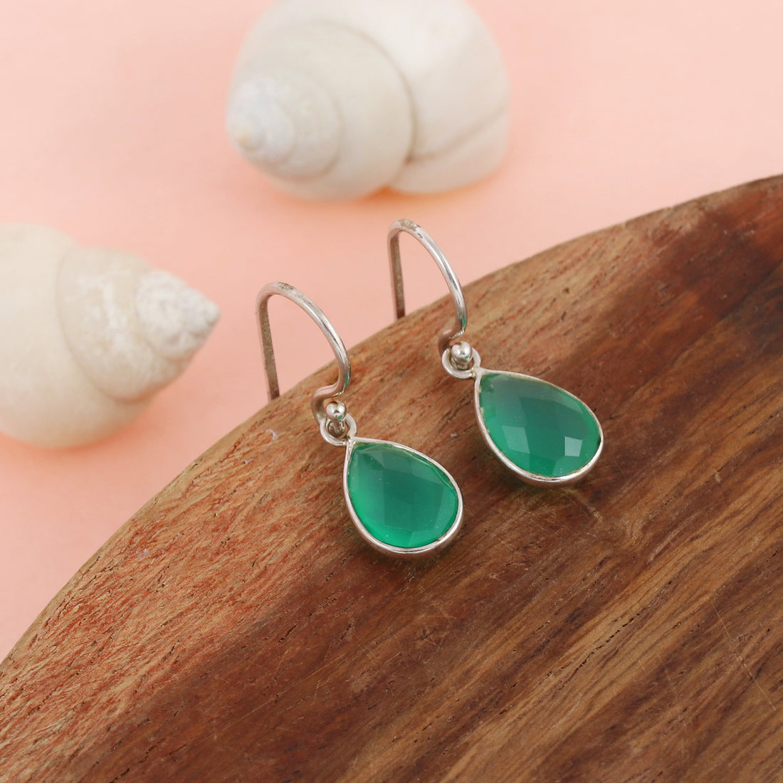 Silver Green Onyx Teardrop Dangle Earrings