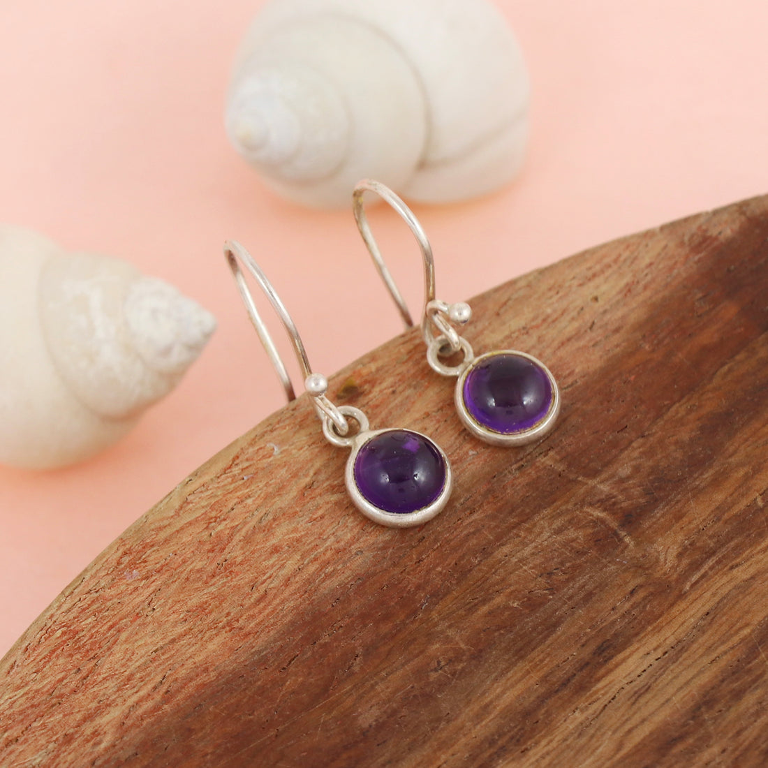Silver Amethyst Cabochon Dangle Earrings