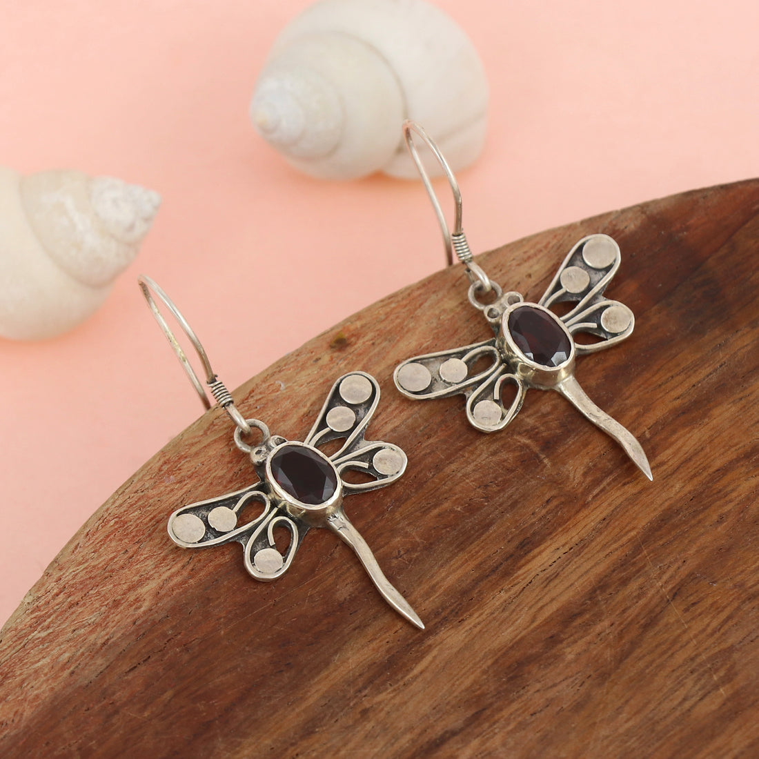 Silver Dragonfly Garnet Earrings