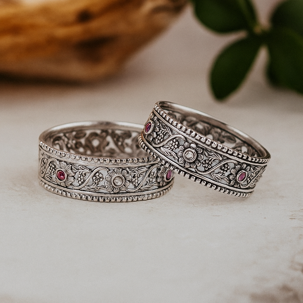 Royal Blossom Silver Bangle Set