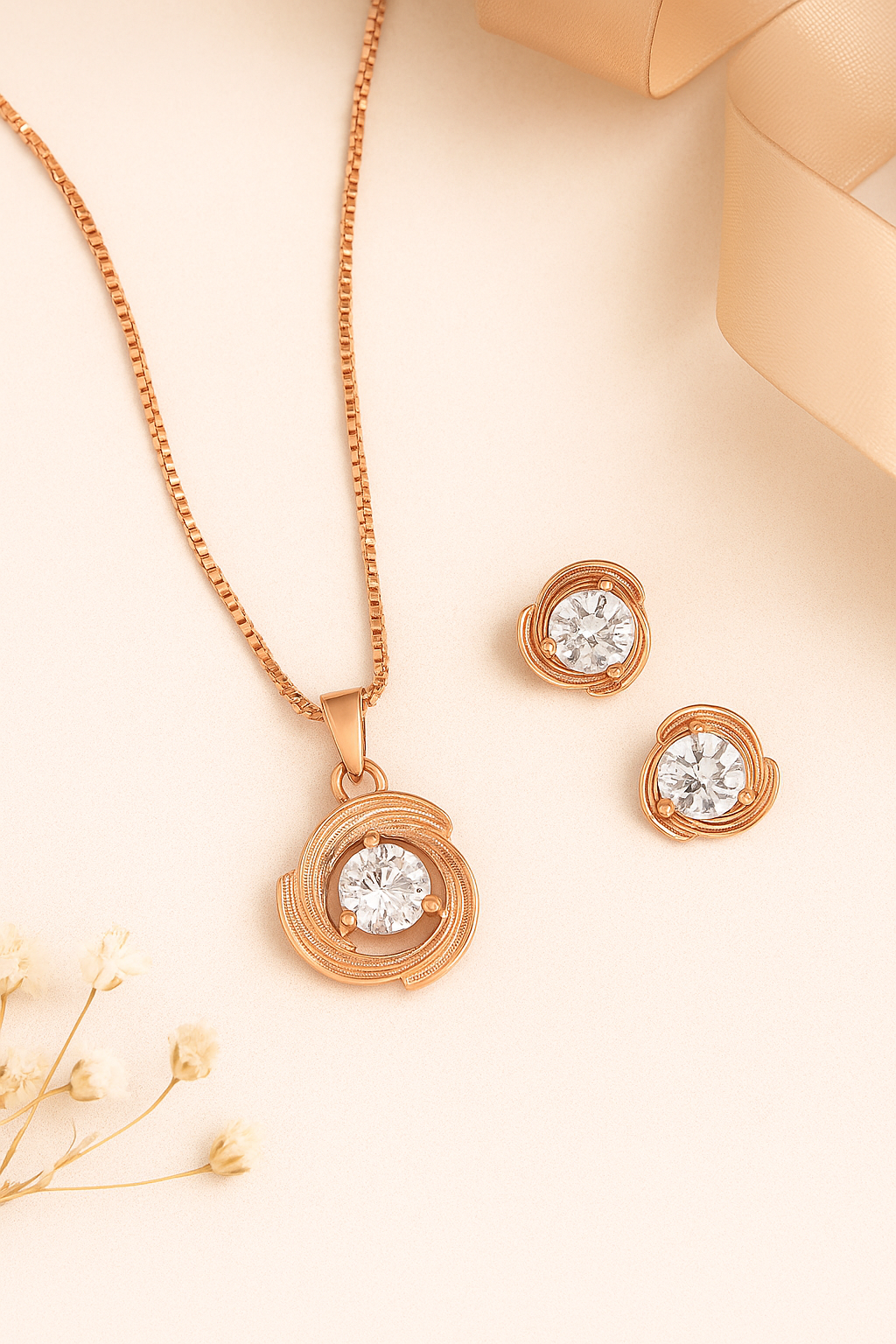 Silver Rosegold Floral Pendant Set