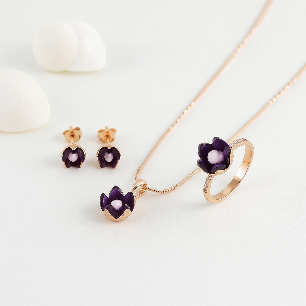 Silver Floral Rosegold Pendant Set