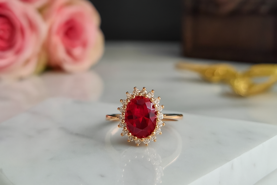 Ruby Bloom Oval Halo Ring
