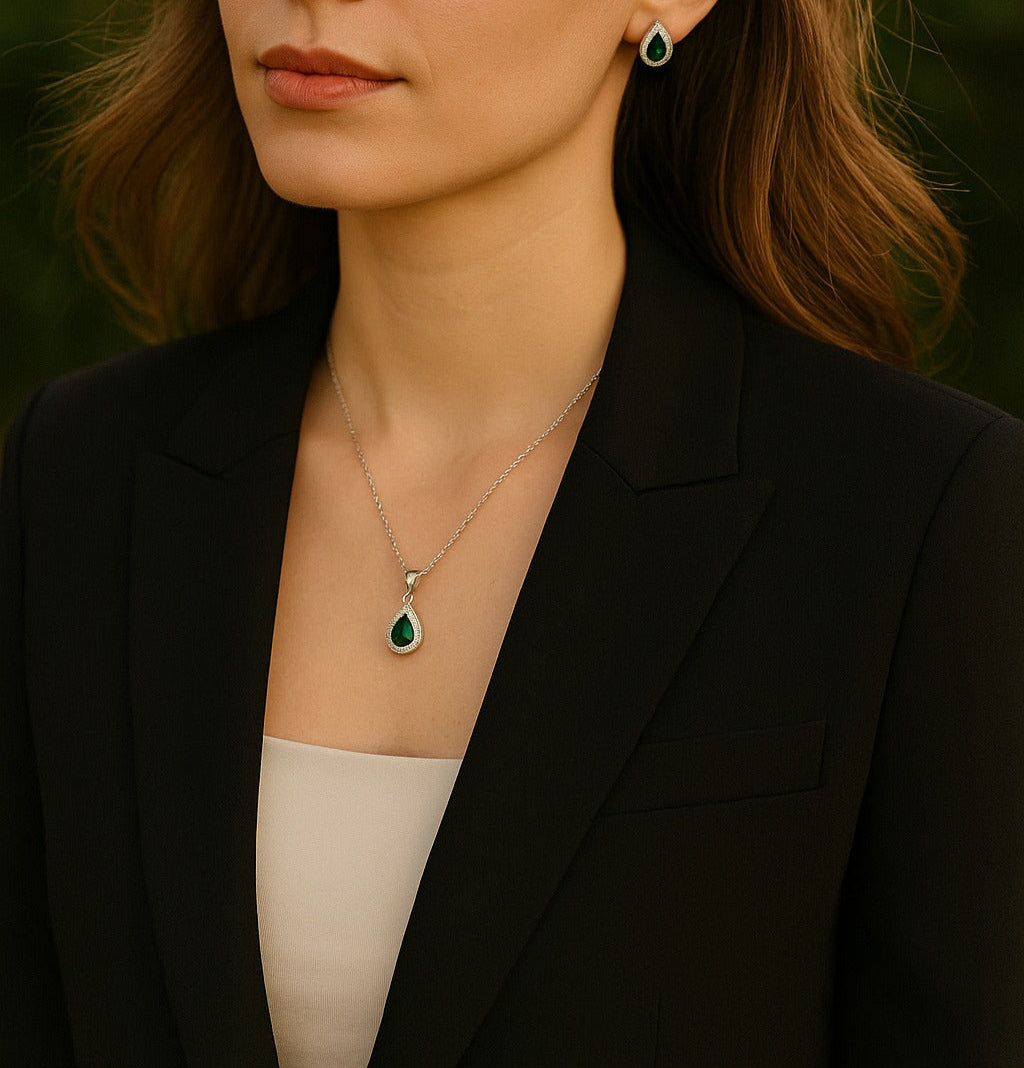 Silver Emerald Grace Teardrop Set