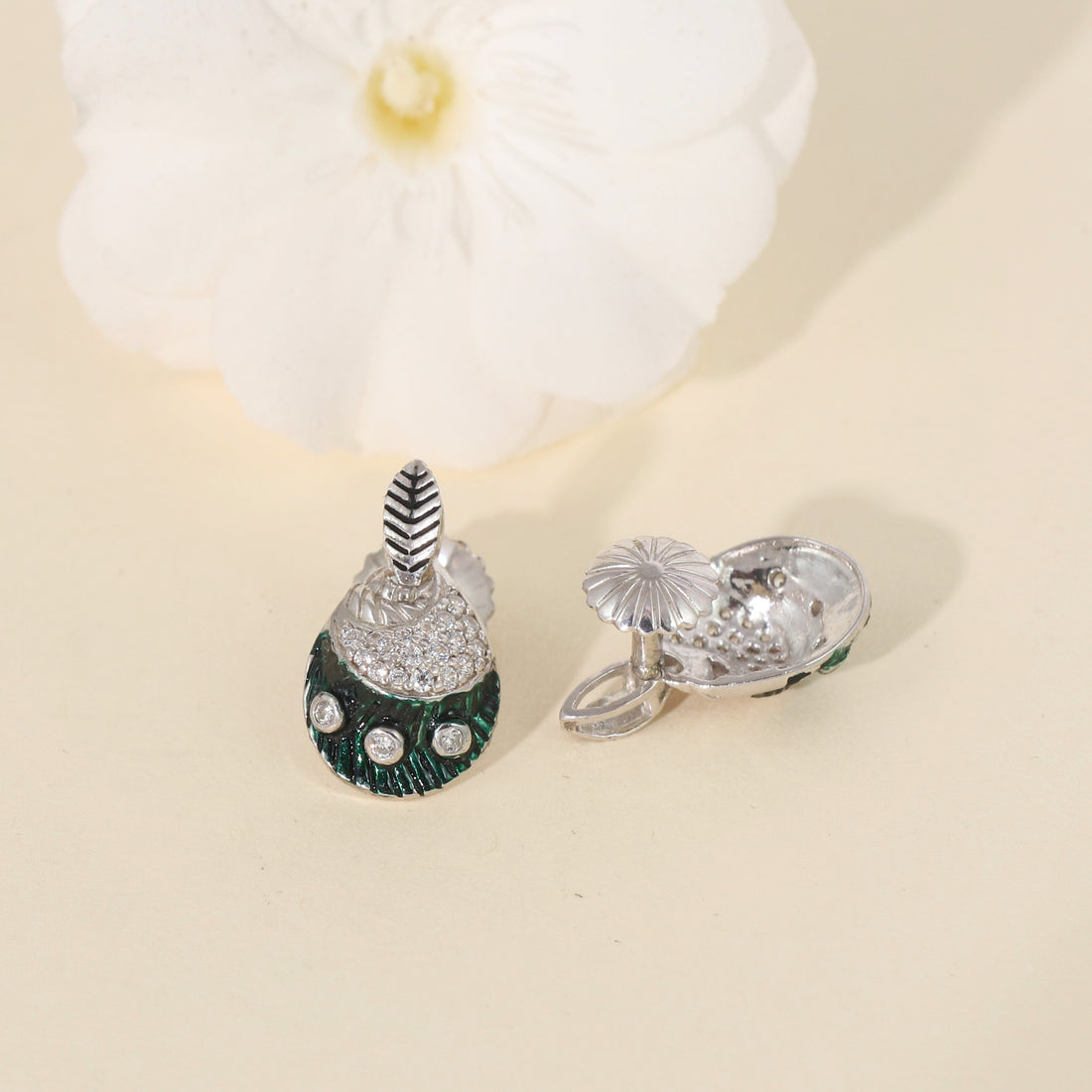 Silver Emerald Plume Studs