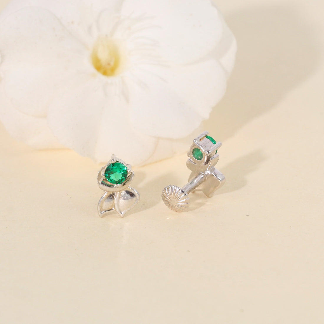 Silver Emerald Blossom Studs