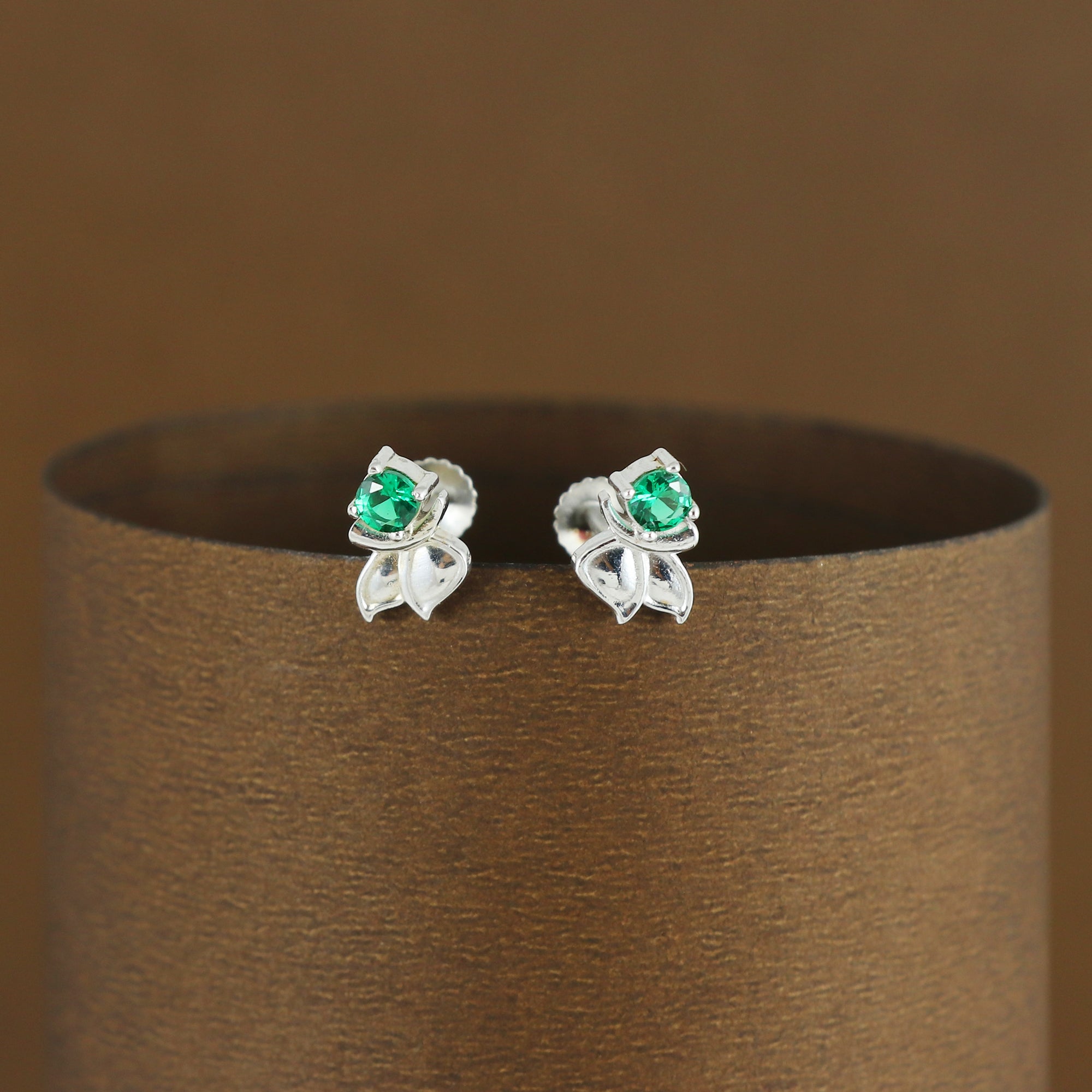 Silver Emerald Blossom Studs