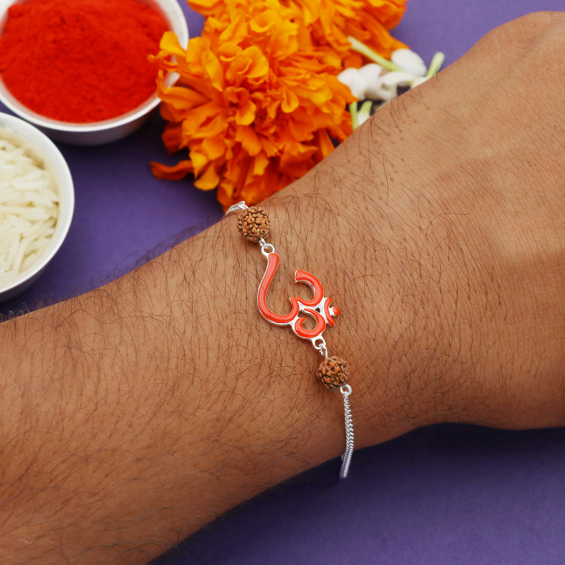 Silver Om Rakhi with Rudraksha Beads
