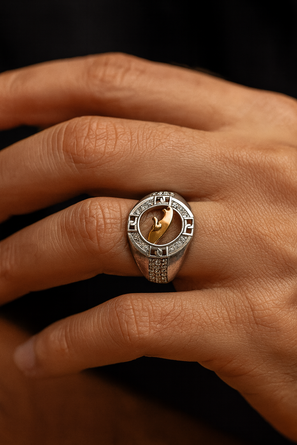 Panther Motif Studded Silver Signet Ring