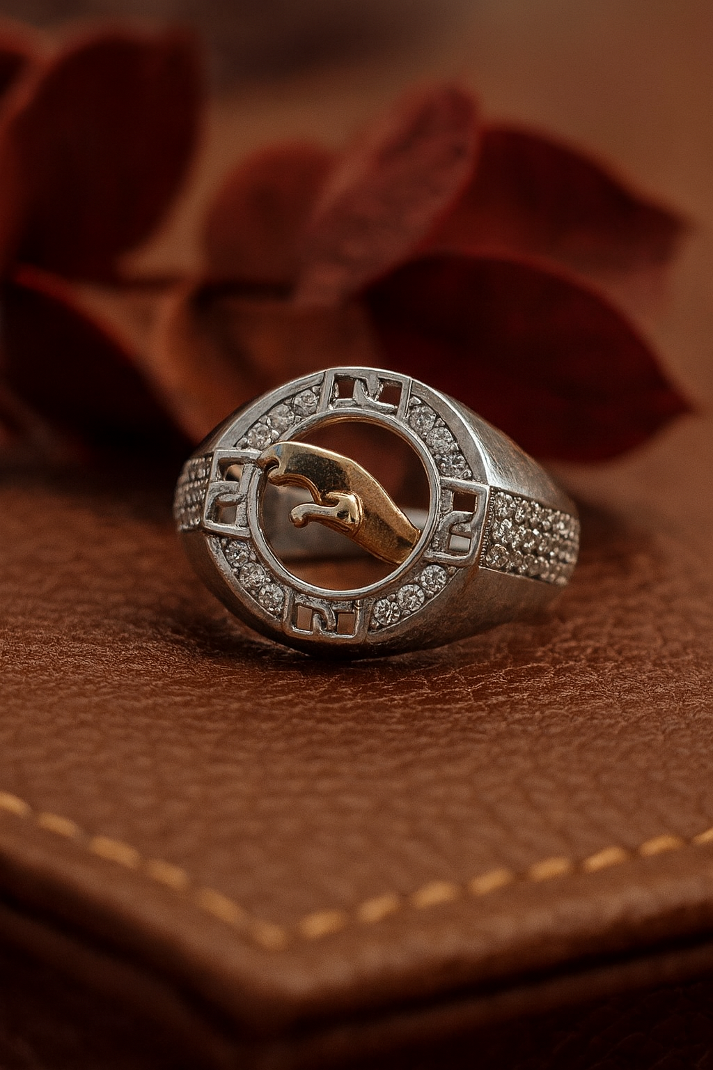 Panther Motif Studded Silver Signet Ring