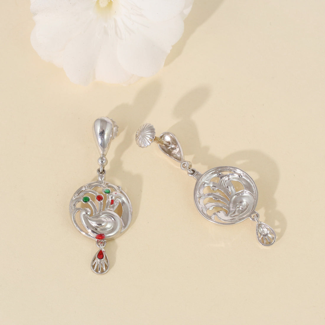 Silver Regal Peacock Drop Earrings