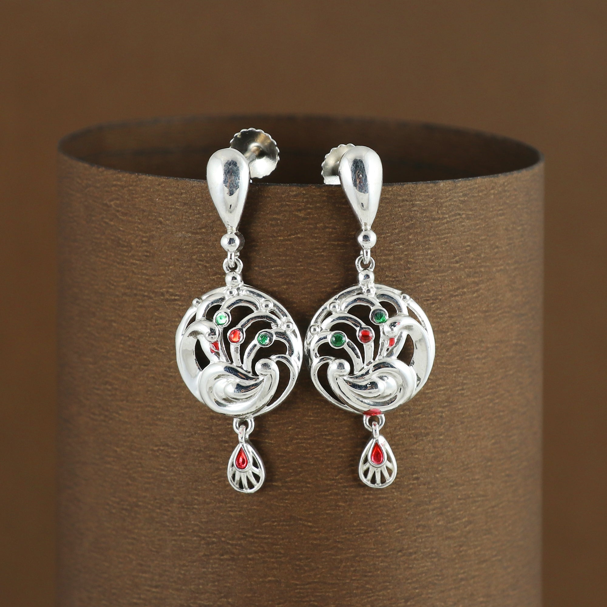 Silver Regal Peacock Drop Earrings