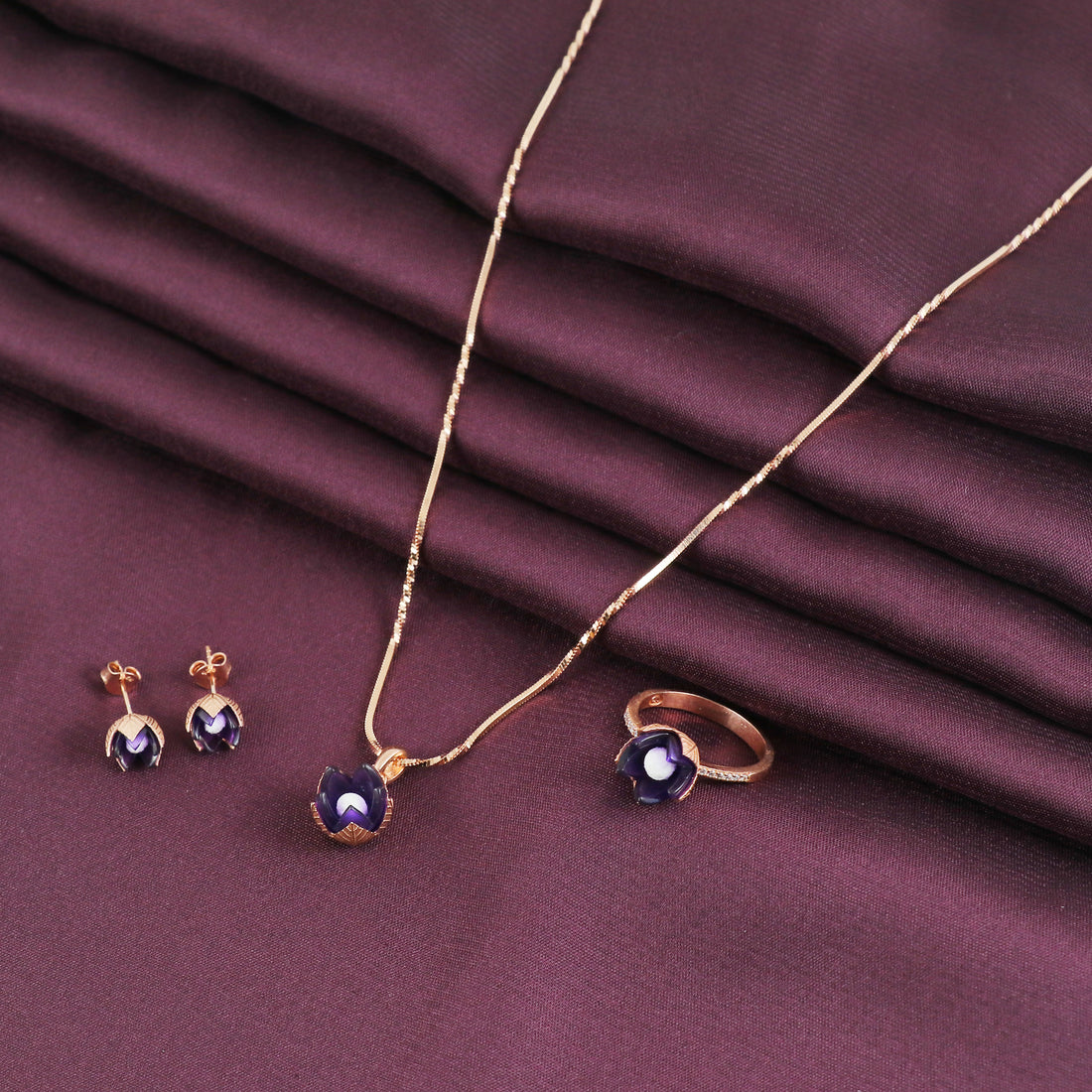 Silver Floral Rosegold Pendant Set