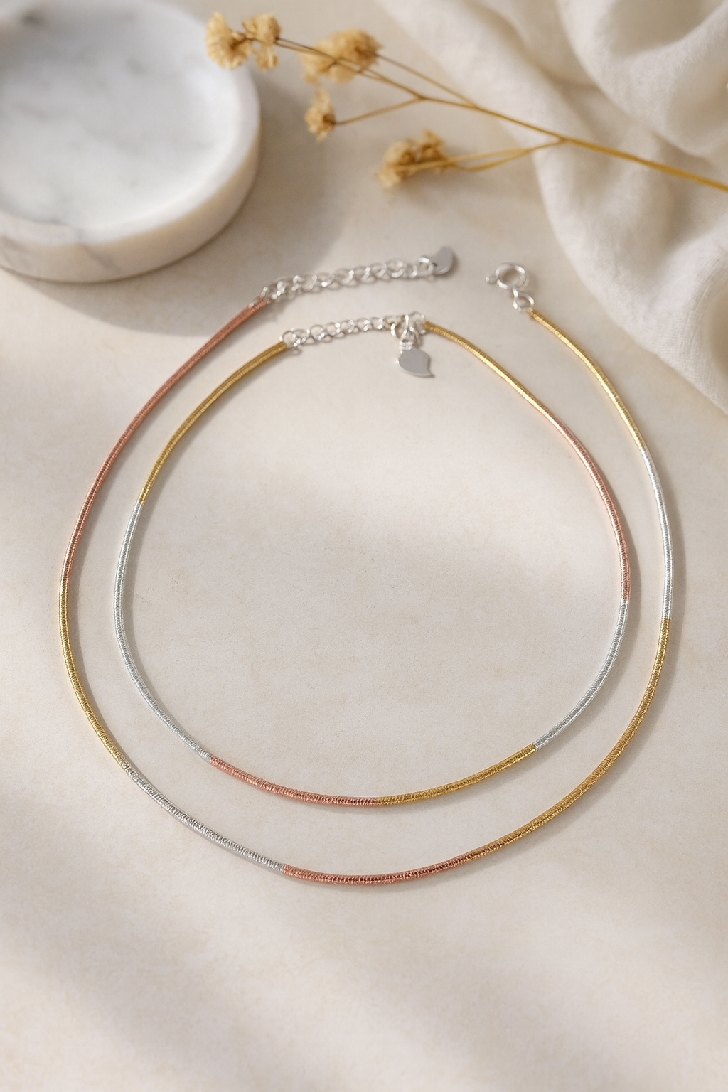 Tri-Tone Sleek Snake Chain Anklet