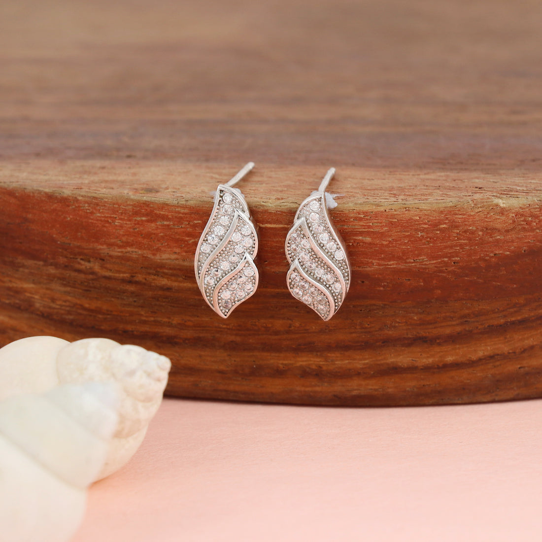 Silver Sparkling Leaf Design Stud Earrings