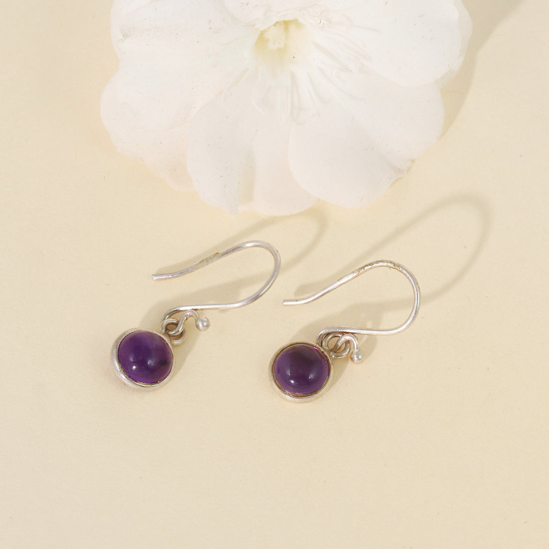 Silver Amethyst Cabochon Dangle Earrings