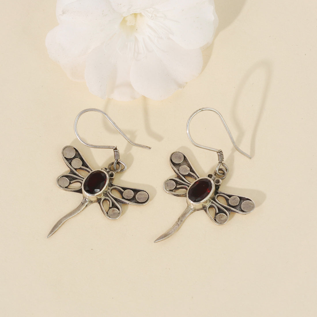 Silver Dragonfly Garnet Earrings