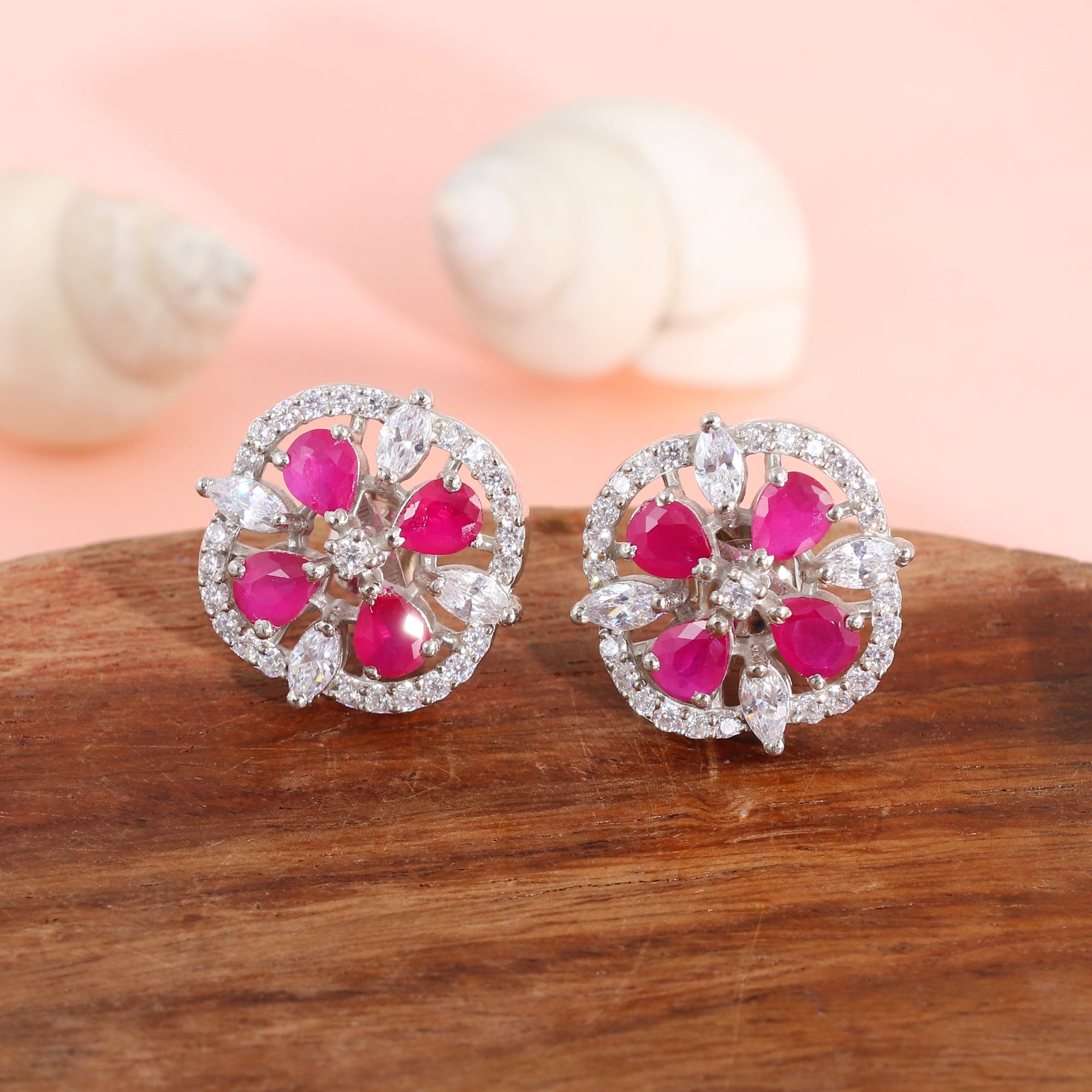 Ruby Floral Halo Stud Earrings