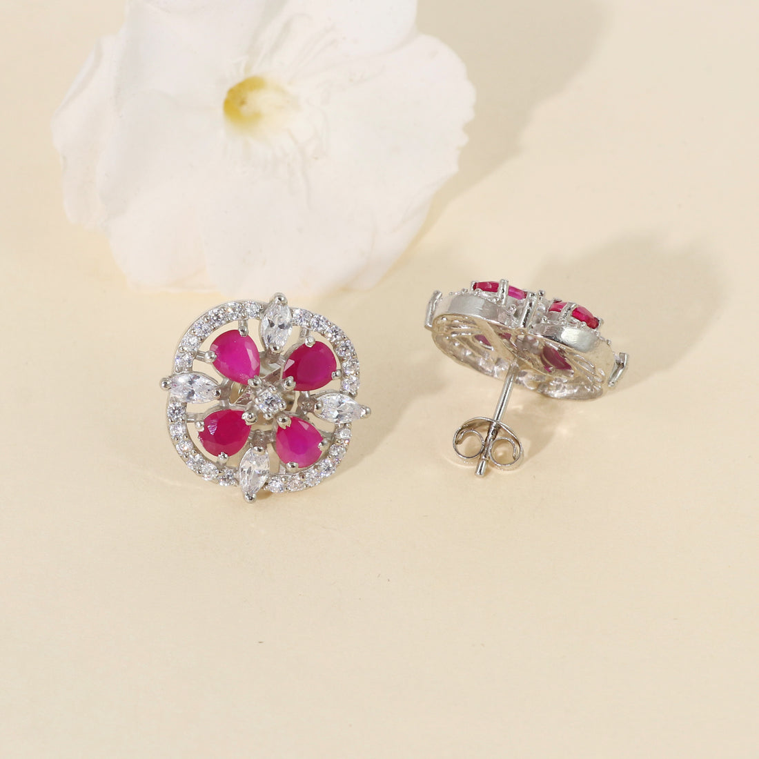 Ruby Floral Halo Stud Earrings