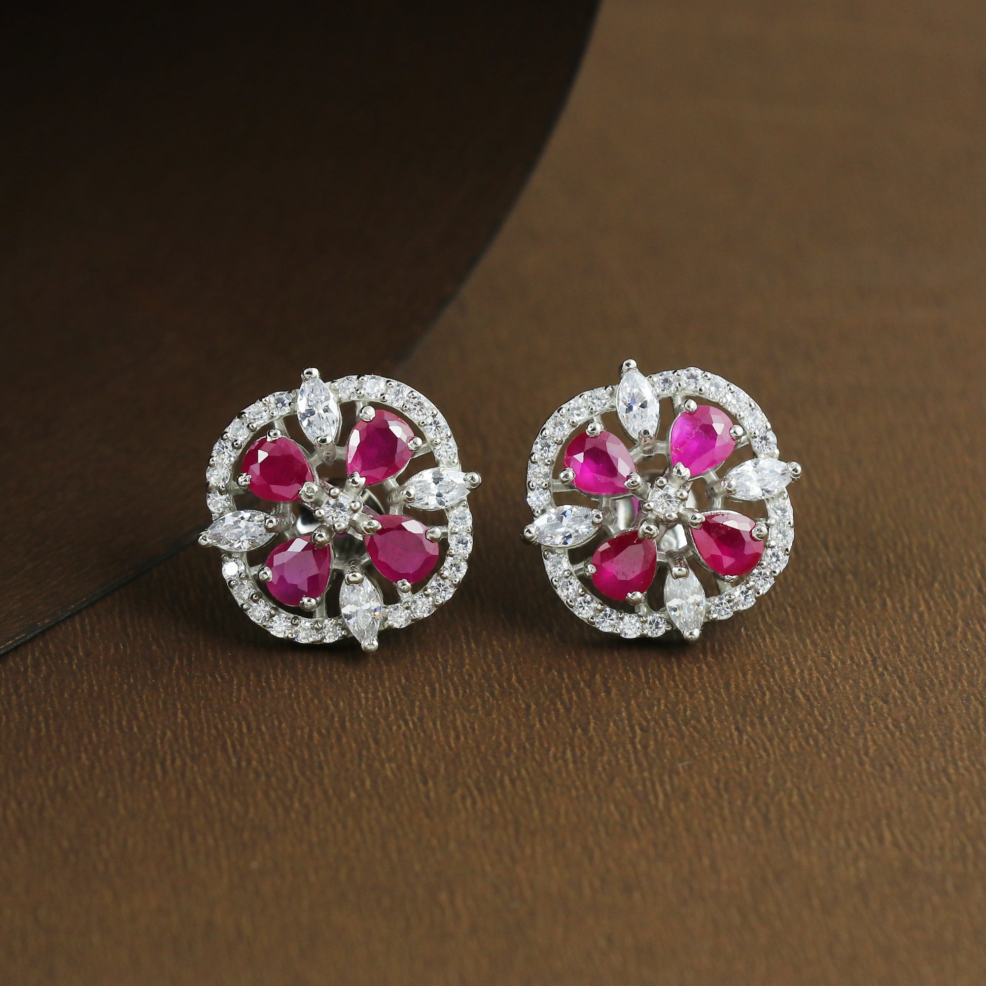 Ruby Floral Halo Stud Earrings