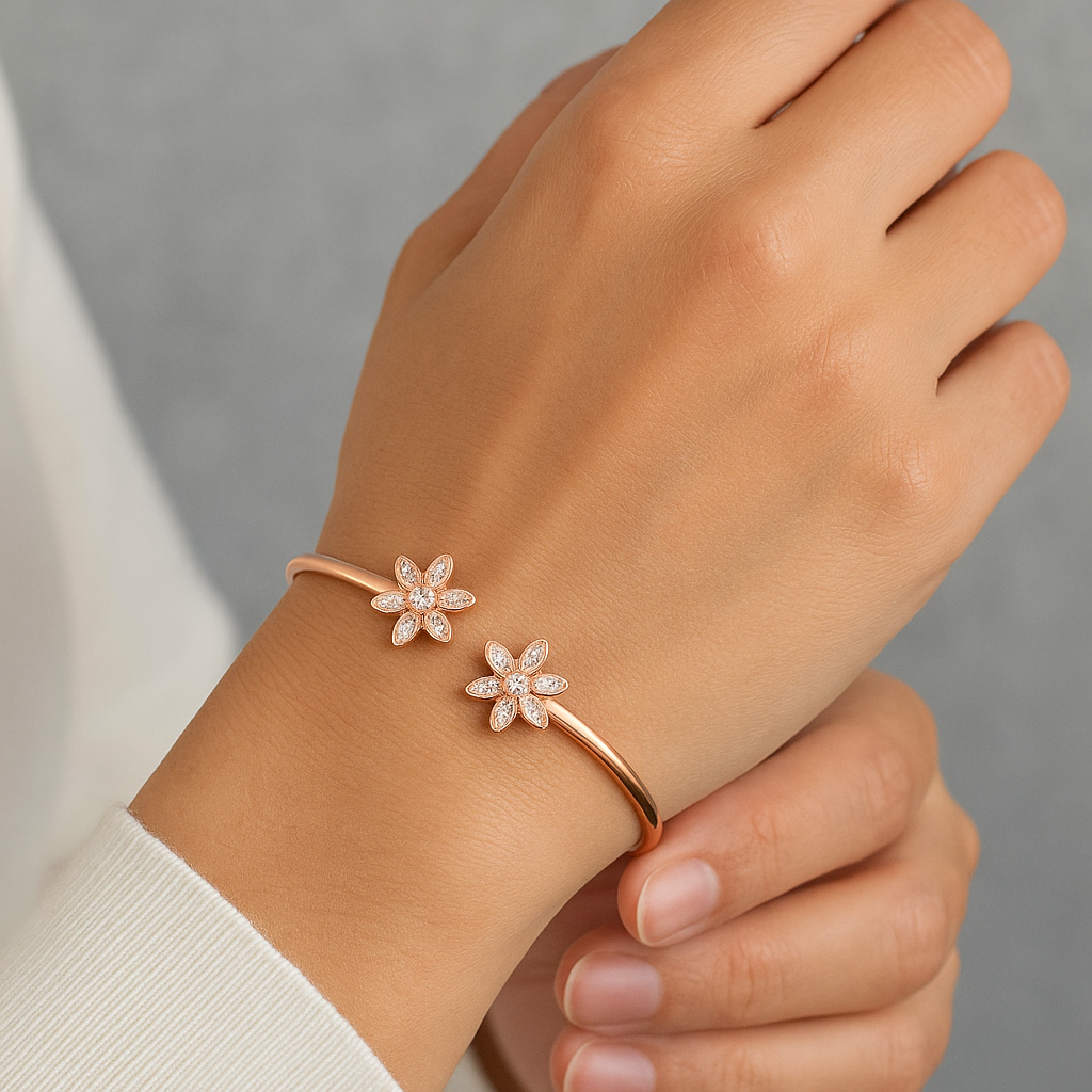 Silver Rose Gold Flower bangle
