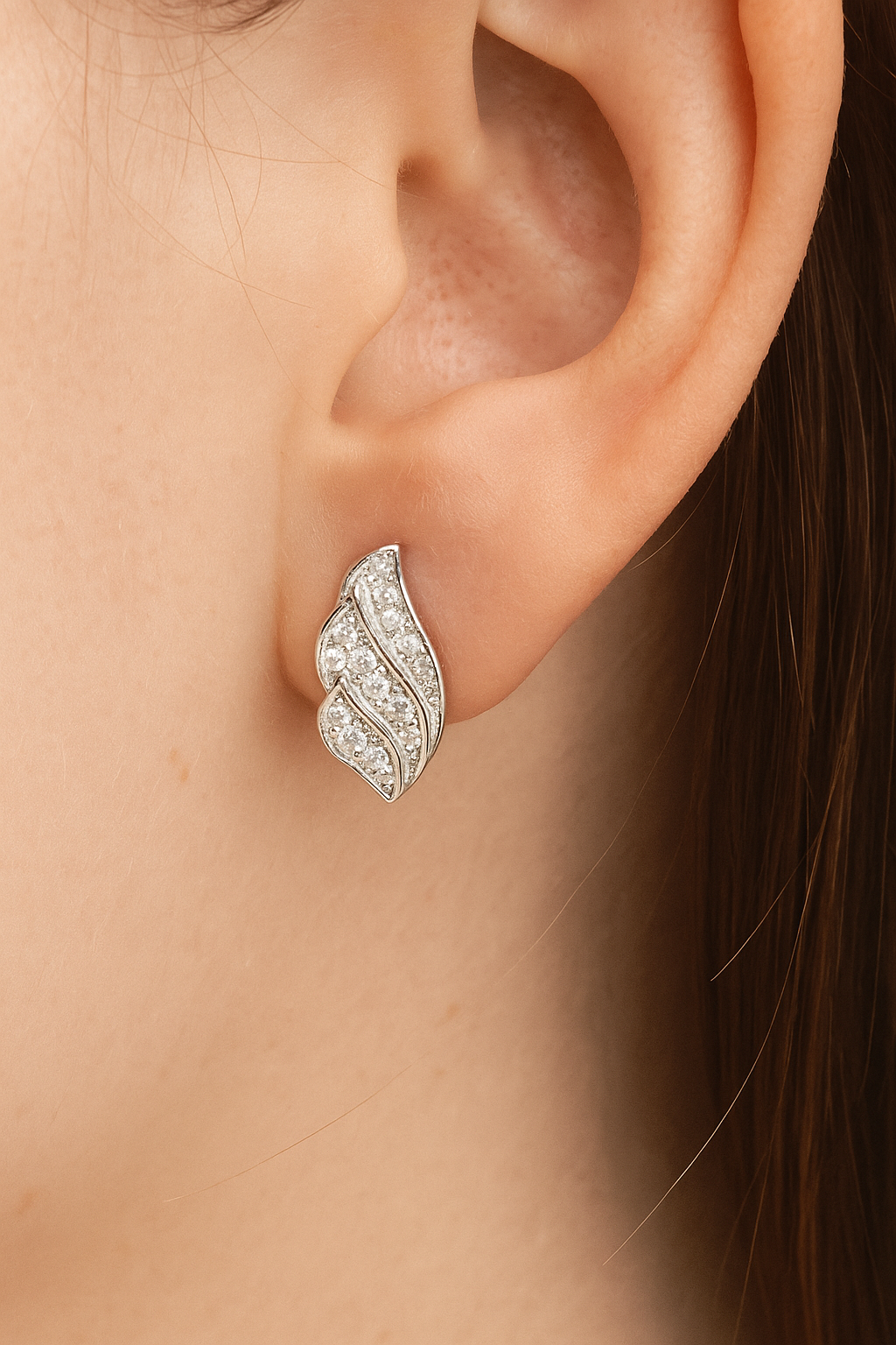 Silver Sparkling Leaf Design Stud Earrings