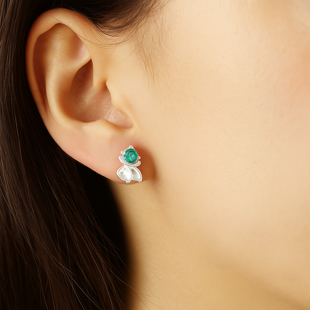Silver Emerald Blossom Studs