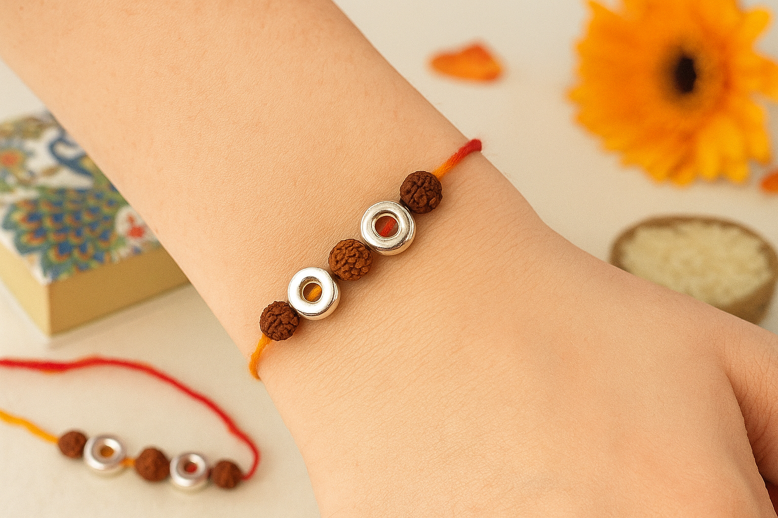 Silver Dual Rudraksha Wheel Rakhi