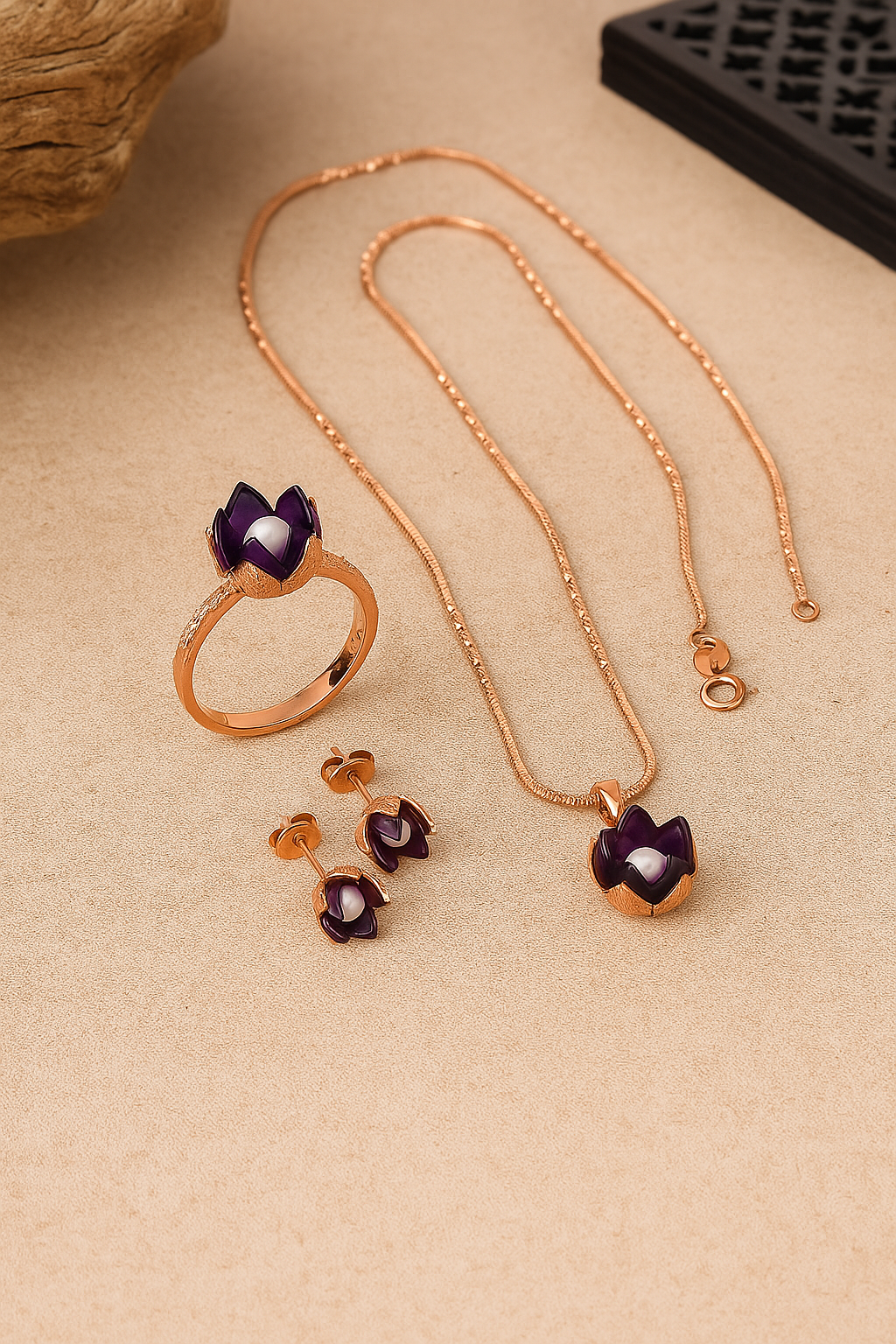 Silver Floral Rosegold Pendant Set