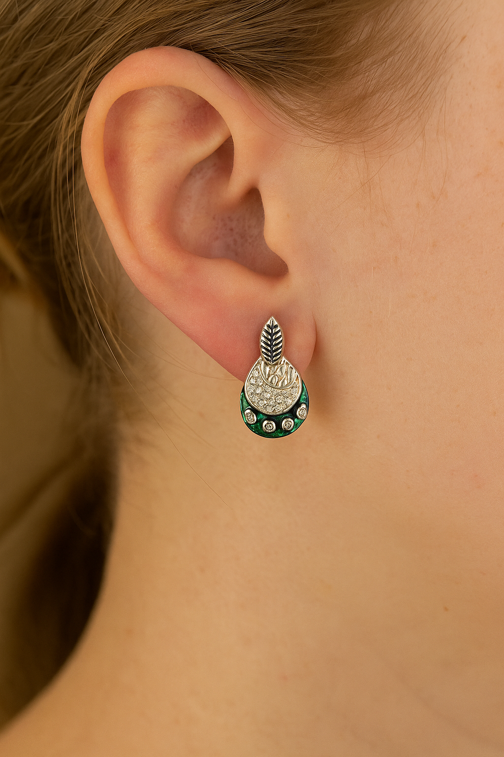 Silver Emerald Plume Studs
