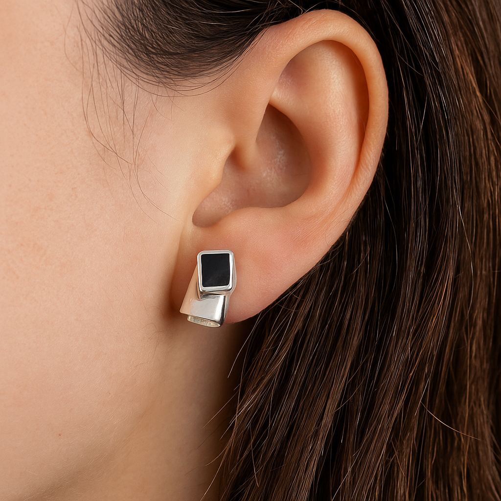 Silver Geometric Black Onyx Stud Earrings