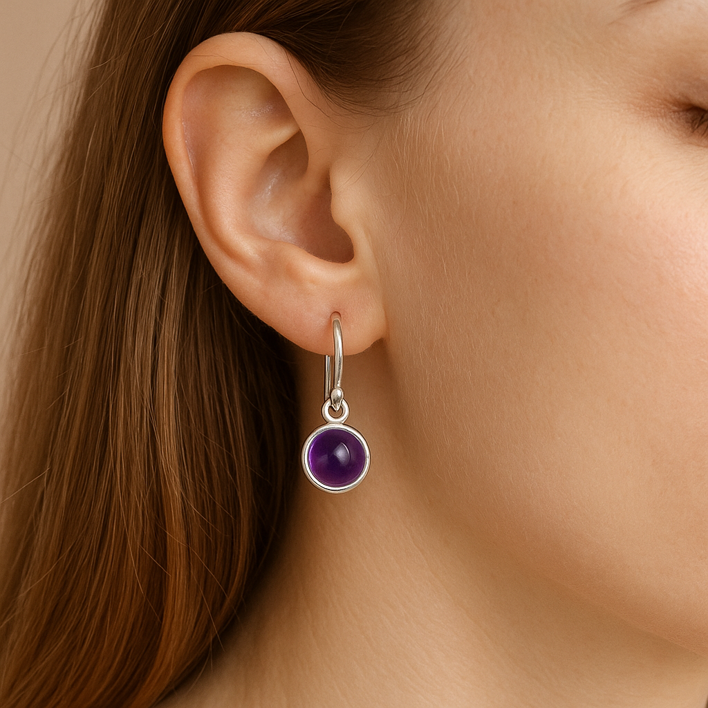 Silver Amethyst Cabochon Dangle Earrings