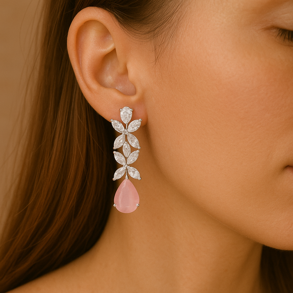 Silver Elegant Blossom Pink Drop Earrings