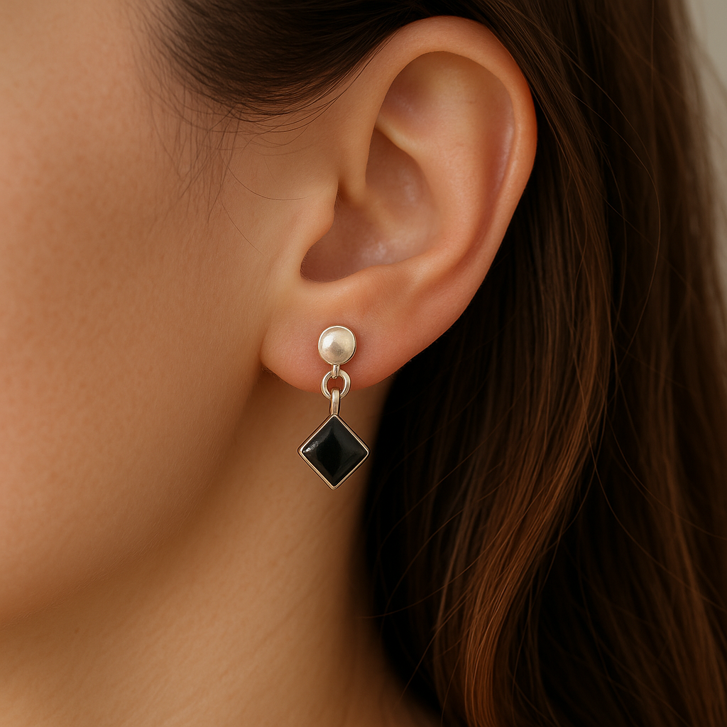 Silver Black Onyx Diamond Drop Earrings