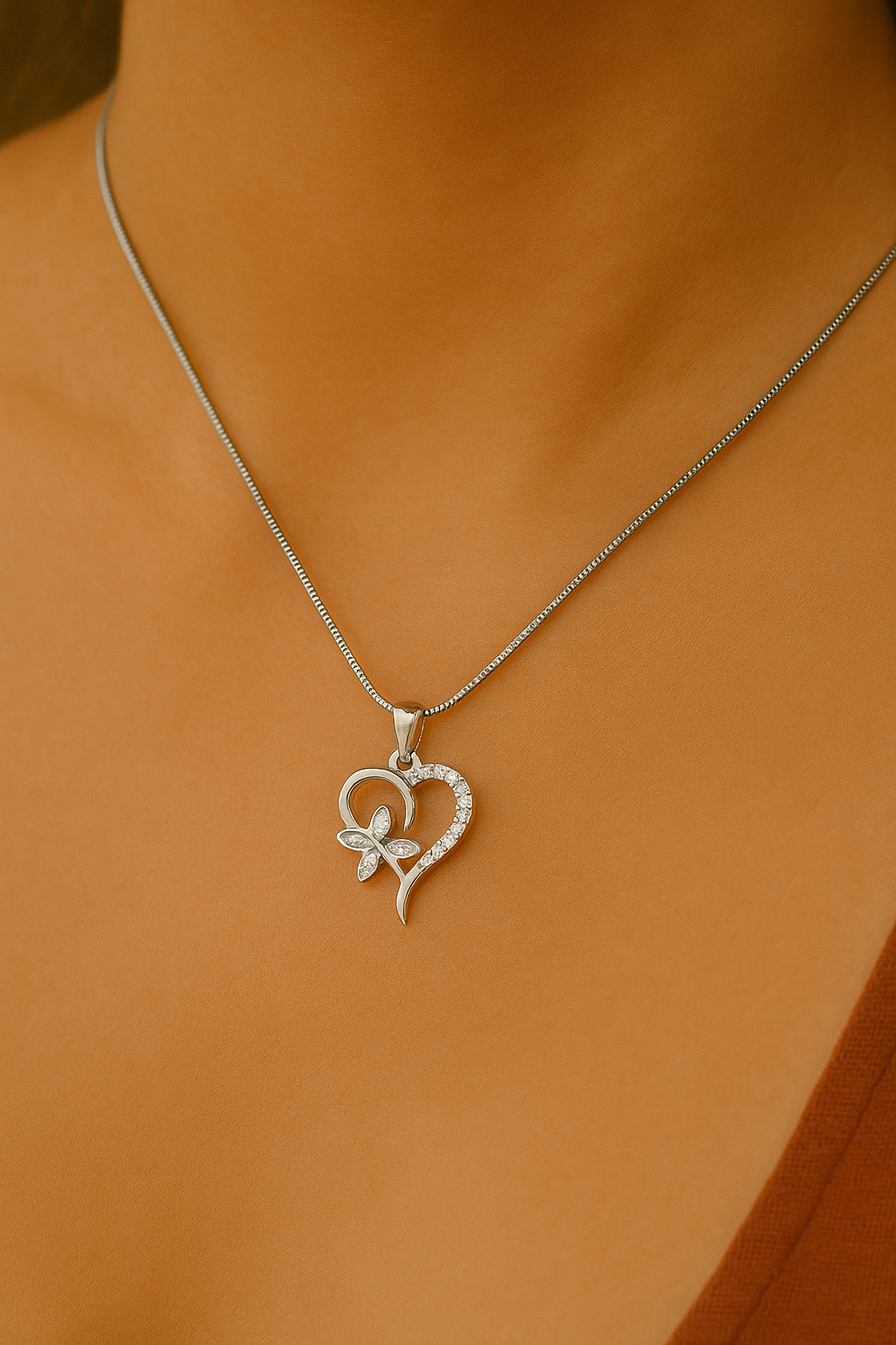 Silver Beautiful Heart Butterfly Chain Pendant
