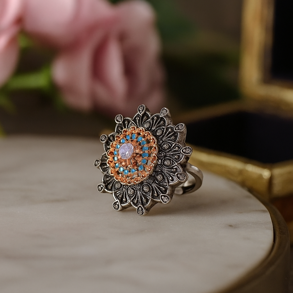 Floral Turquoise Oxidized Ring