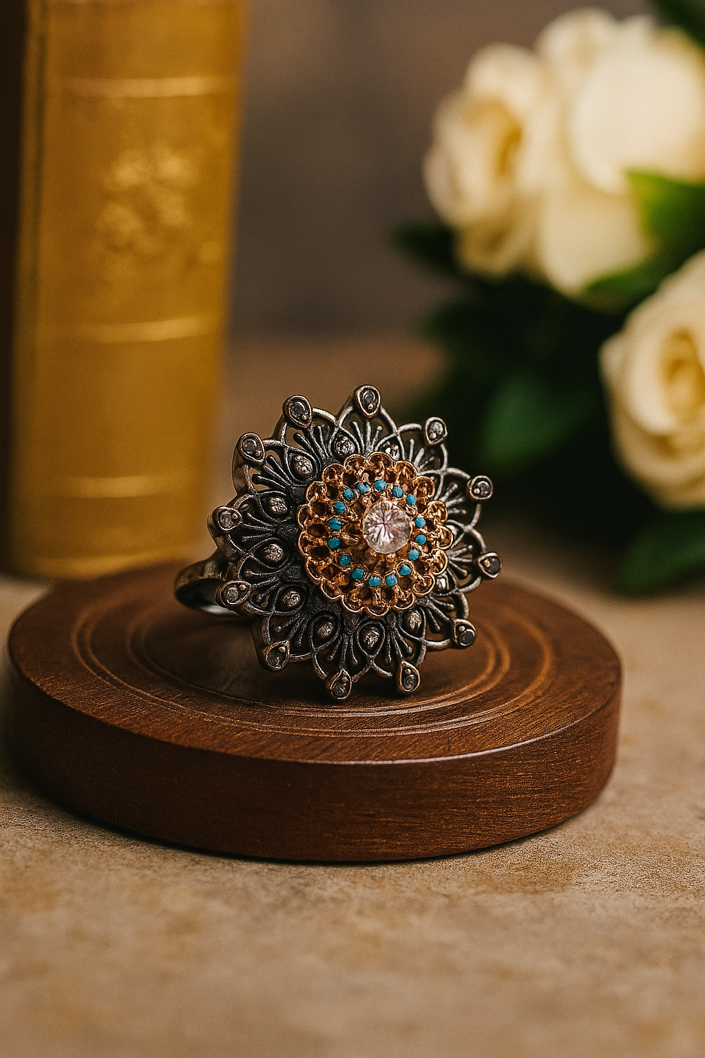 Floral Turquoise Oxidized Ring