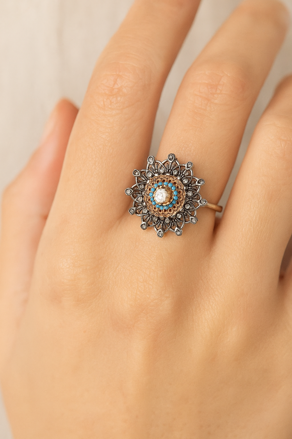 Floral Turquoise Oxidized Ring