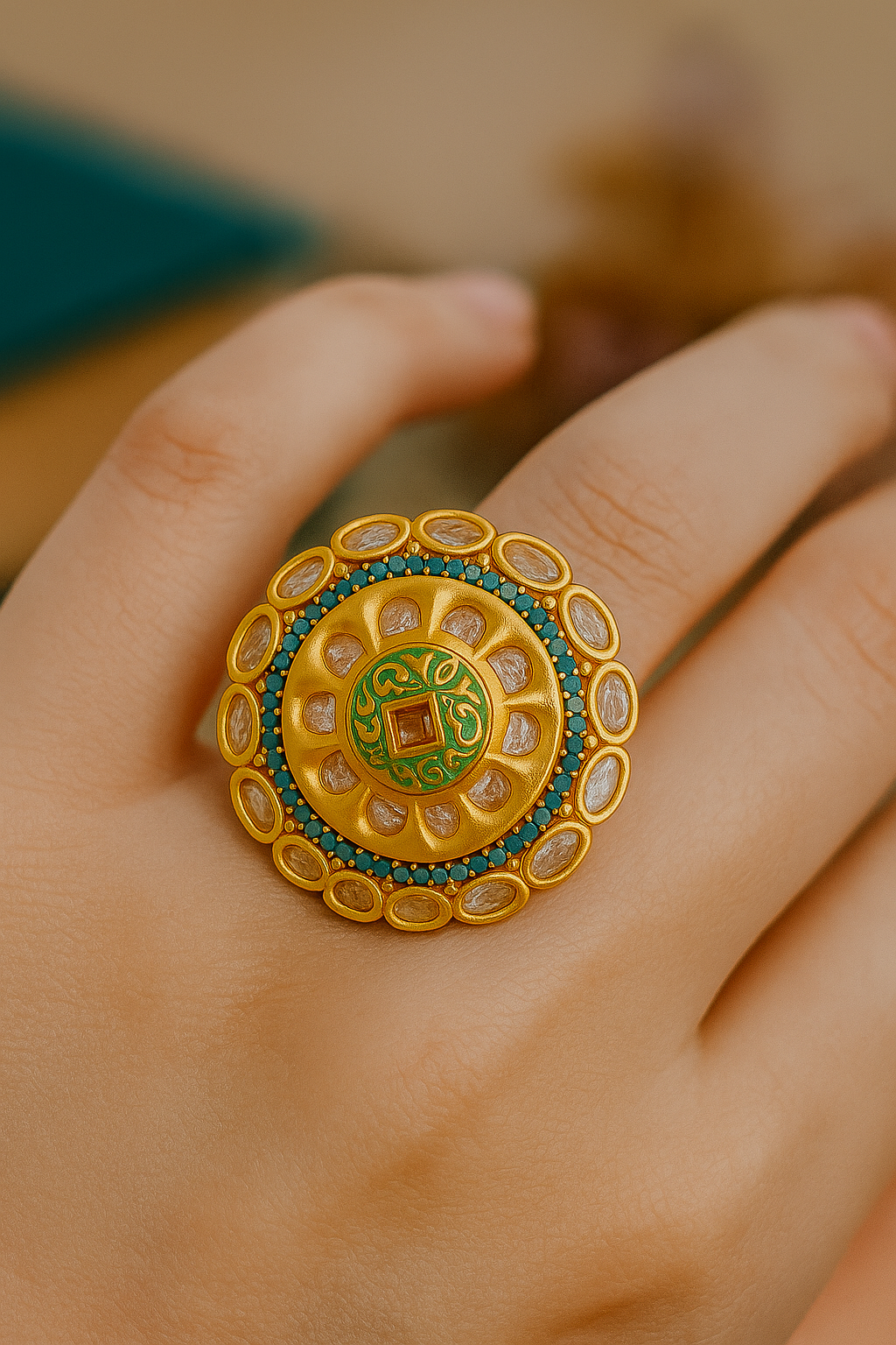 Golden Kundan Statement Ring